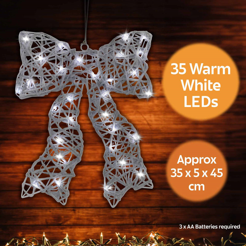 Christmas Sparkle Rattan Bow with 35 Warm White Lights - White