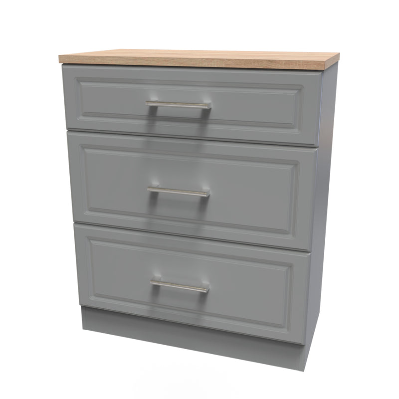 Kingston Ready Assembled Deep Chest of Drawers with 3 Drawers  - Dust Grey & Bardolino Oak