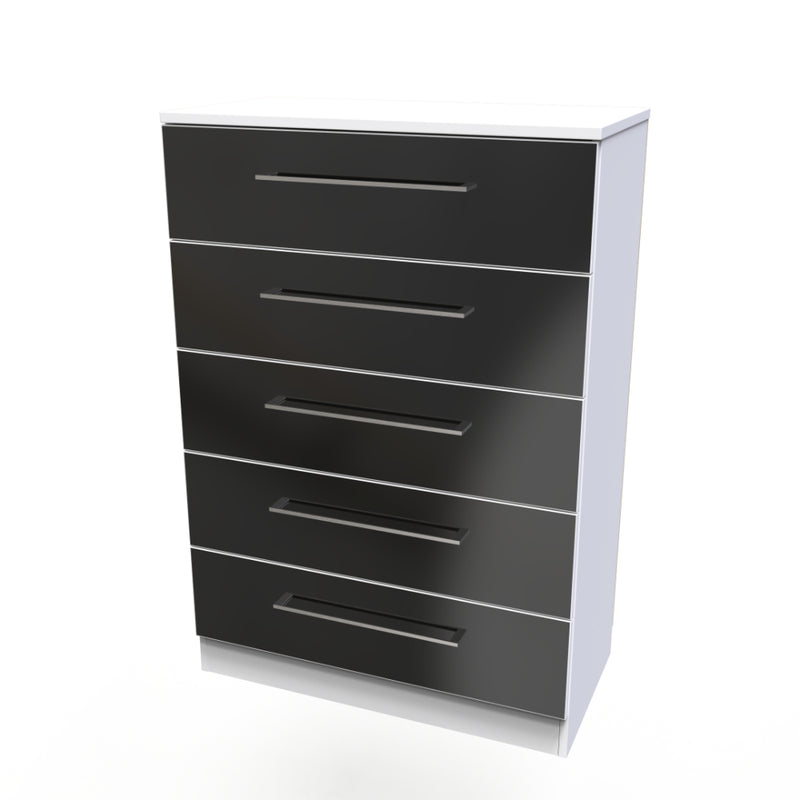 Wellington Ready Assembled Chest of Drawers with 5 Drawers  - Black Gloss & White