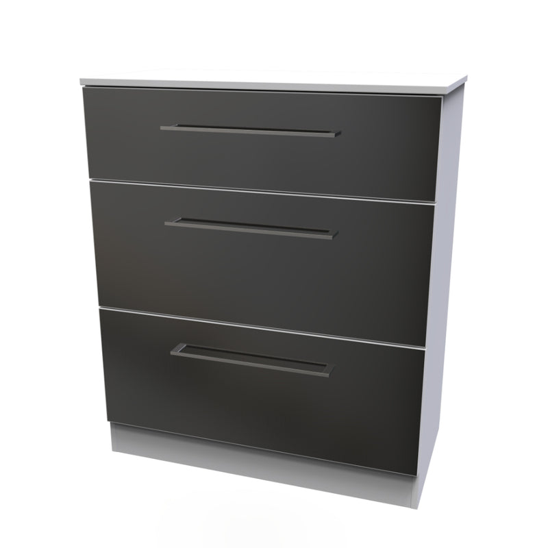 Wellington Ready Assembled Deep Chest of Drawers with 3 Drawers  - Black Gloss & White