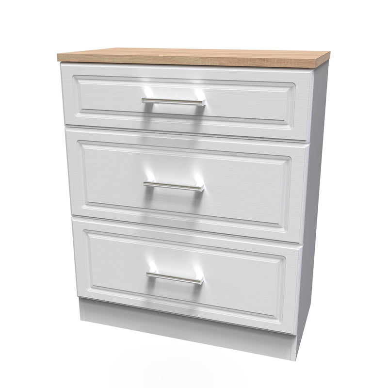 Kingston Ready Assembled Deep Chest of Drawers with 3 Drawers  - White Ash & Bardolino Oak