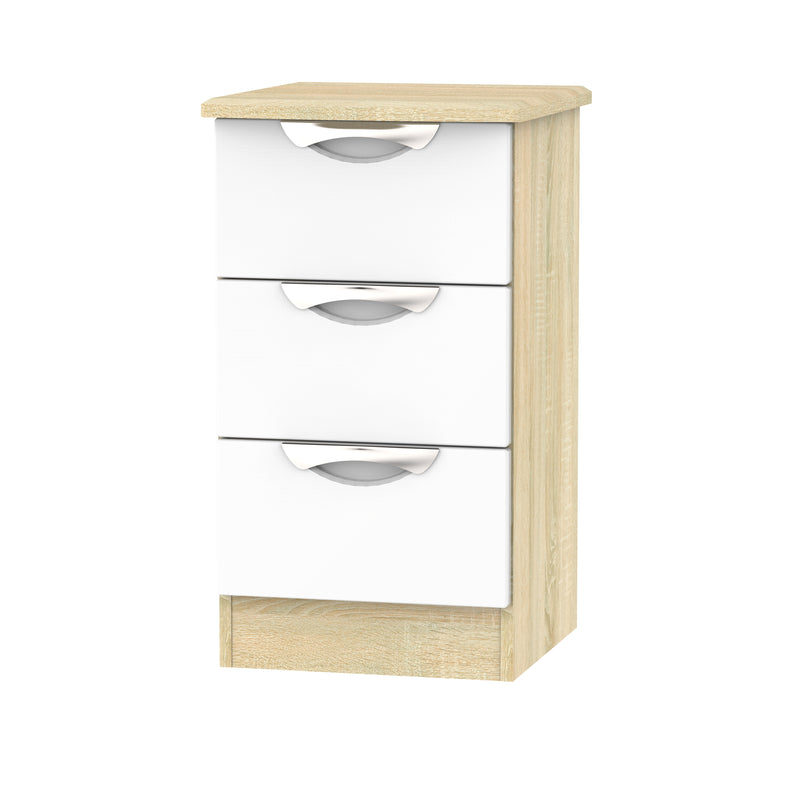 Cairo Ready Assembled Bedside Table with 3 Drawers  - White Gloss & Bardolino Oak