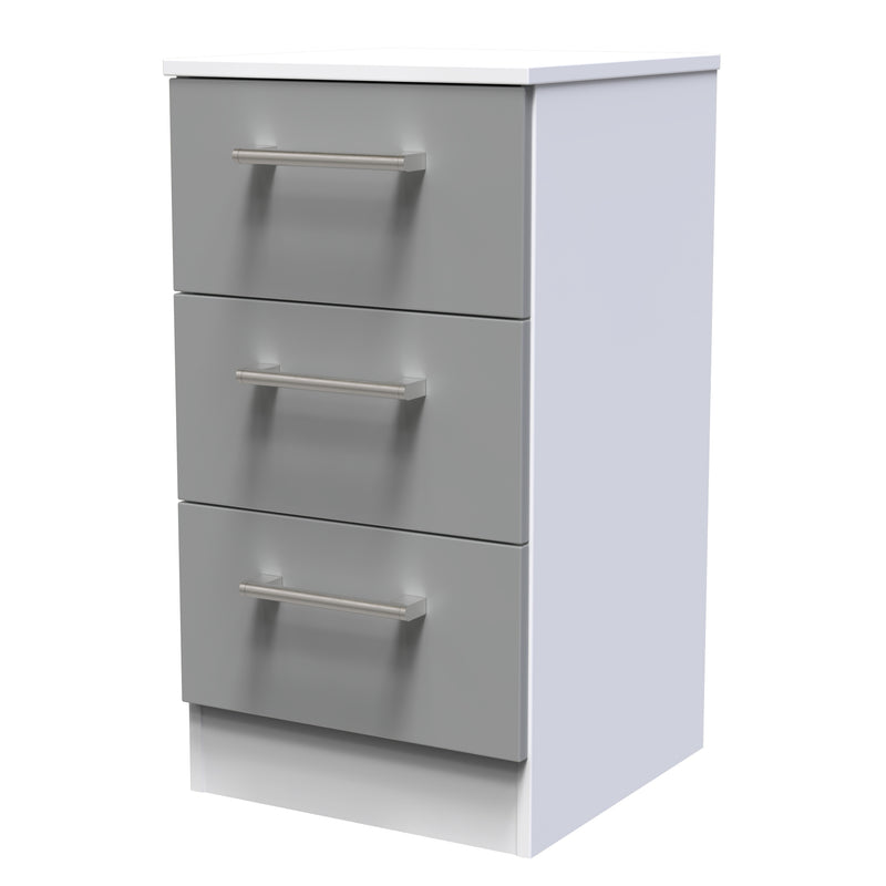 Denver Ready Assembled Bedside Table with 3 Drawers -Grey & White