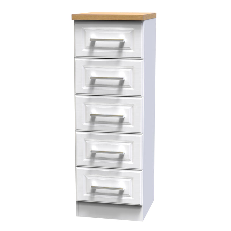 Kingston Ready Assembled Tallboy Chest of Drawers with 5 Drawers  - White Ash & Bardolino Oak