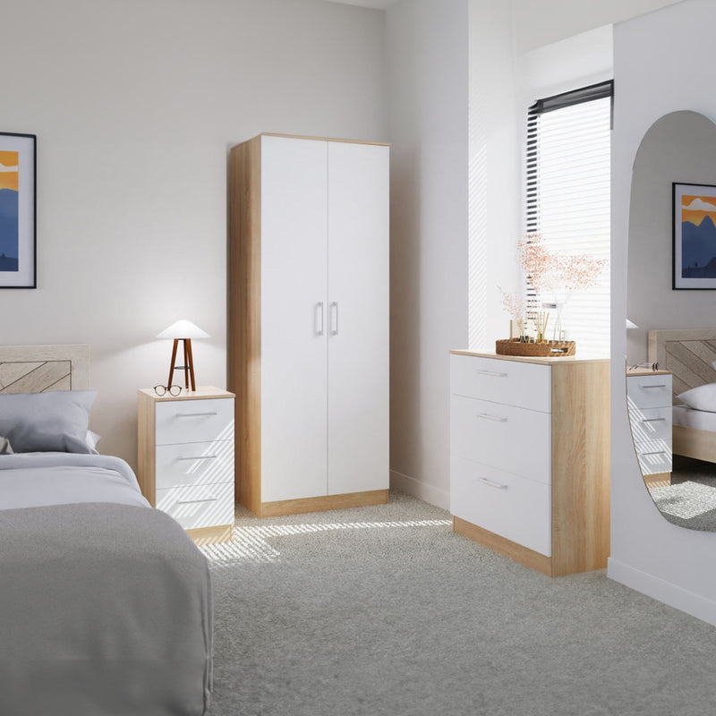 Milan Ready Assembled 3 Piece Bedroom Furniture Set - White Gloss / Oak