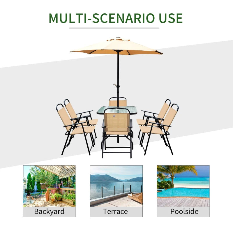Outsunny 8 Pieces Dining Set Furniture Garden Foldable 6 Chairs 1 Table with Parasol Beige