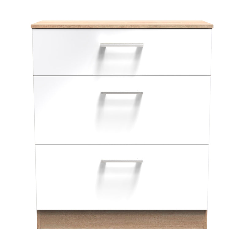 Milan Ready Assembled Chest Of Drawers with 3 Drawers - White Gloss / Oak