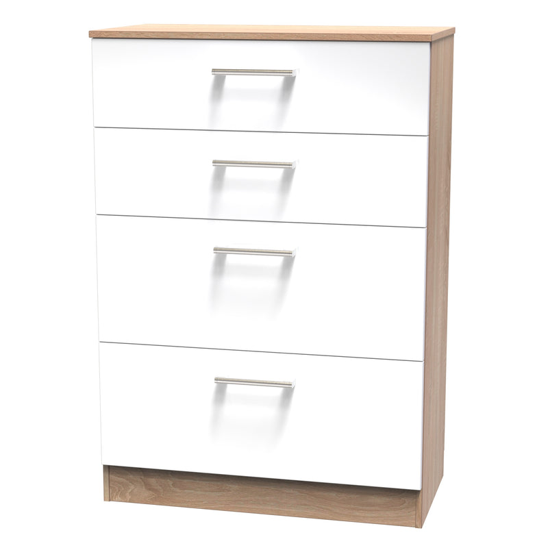 Milan Ready Assembled Chest Of Drawers with 4 Drawers - White Gloss / Oak
