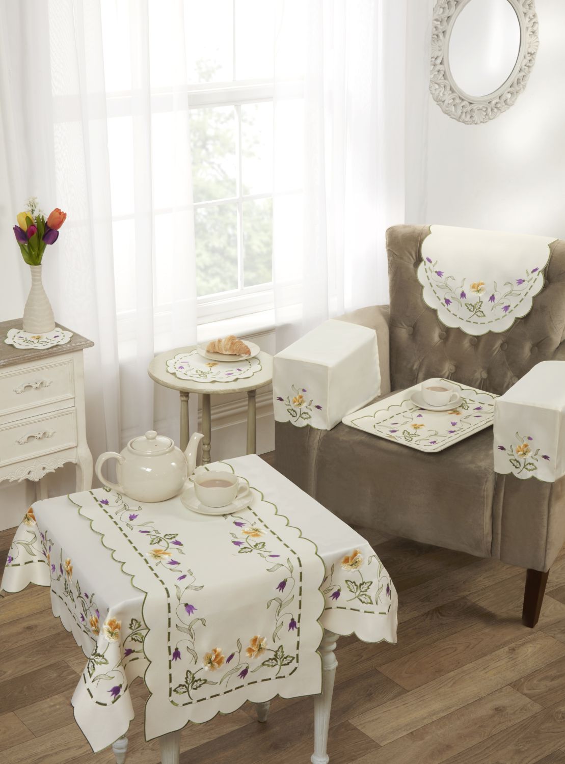 Emma Barclay Embroidered Tray Cloth - Cream With Spring Floral Design, 12x18 Inches - Protects Furniture, Machine Washable-325569