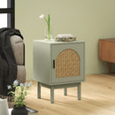 HOMCOM Boho Bedside Table with Rattan Door and Adjustable Shelf