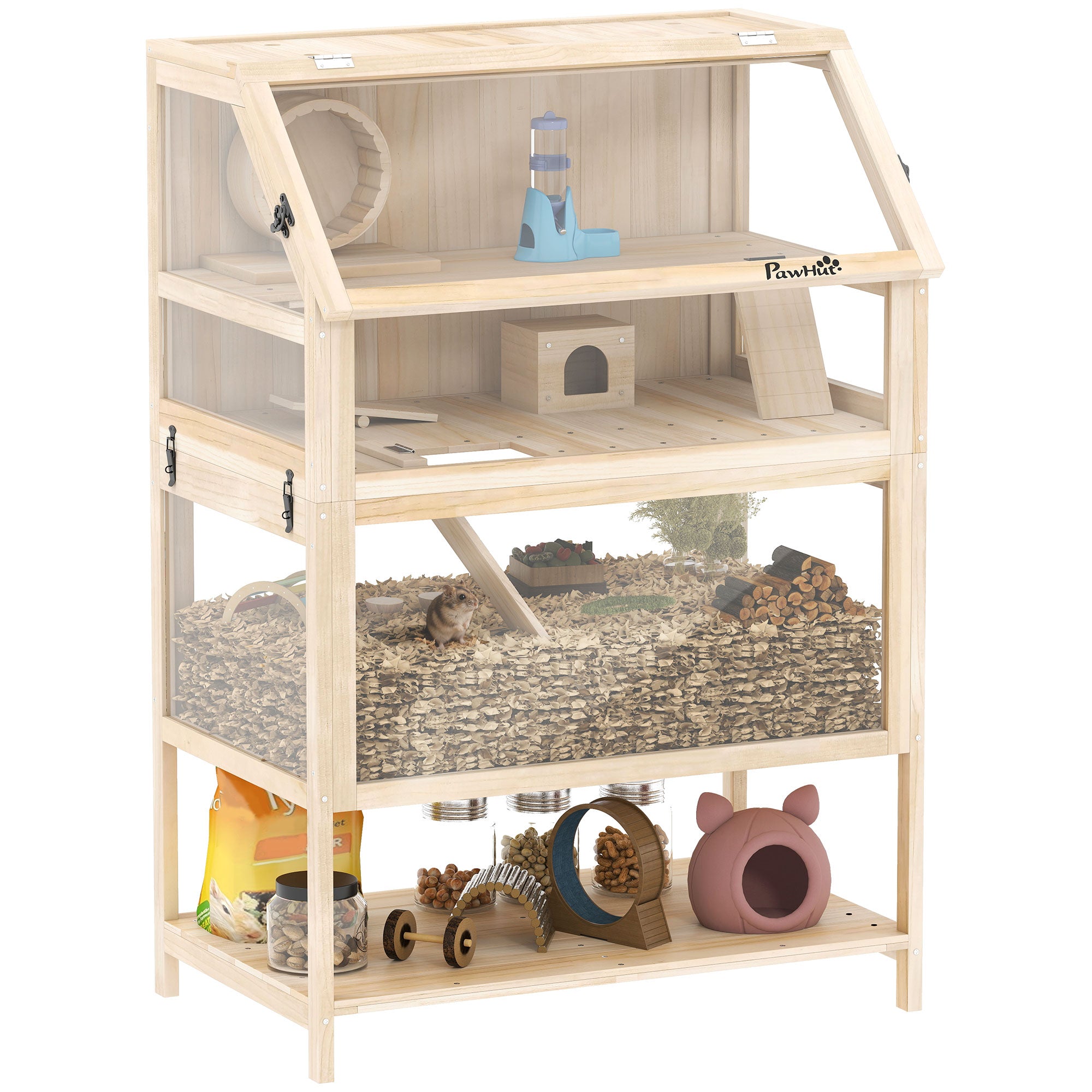 View of PawHut Wooden 3 Tier Hamster Cage With Storage Shelf For Dwarf, Gerbil