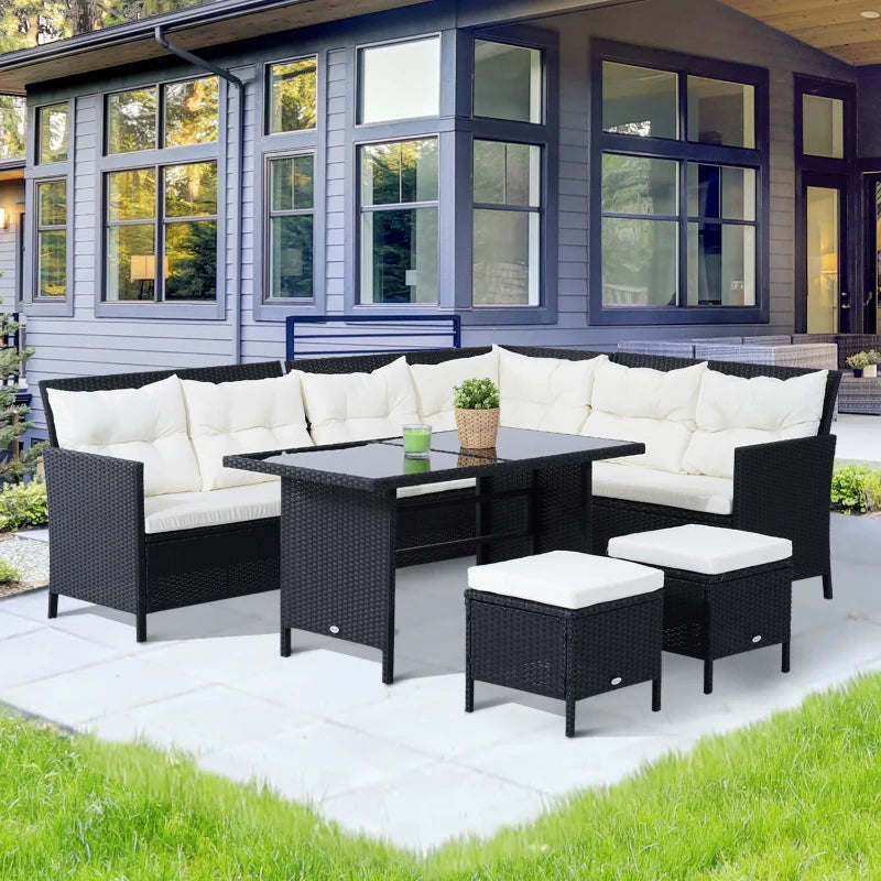 Outsunny Rattan Corner Sofa Set with Table and Footstools - Black