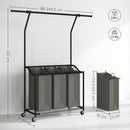 HOMCOM 126L Laundry Sorter, Laundry Basket with 3-Bag Organiser, Dark Grey