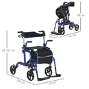 HOMCOM 2 in 1 Wheelchair & Folding Rollator Walker Combo, Pearl Blue