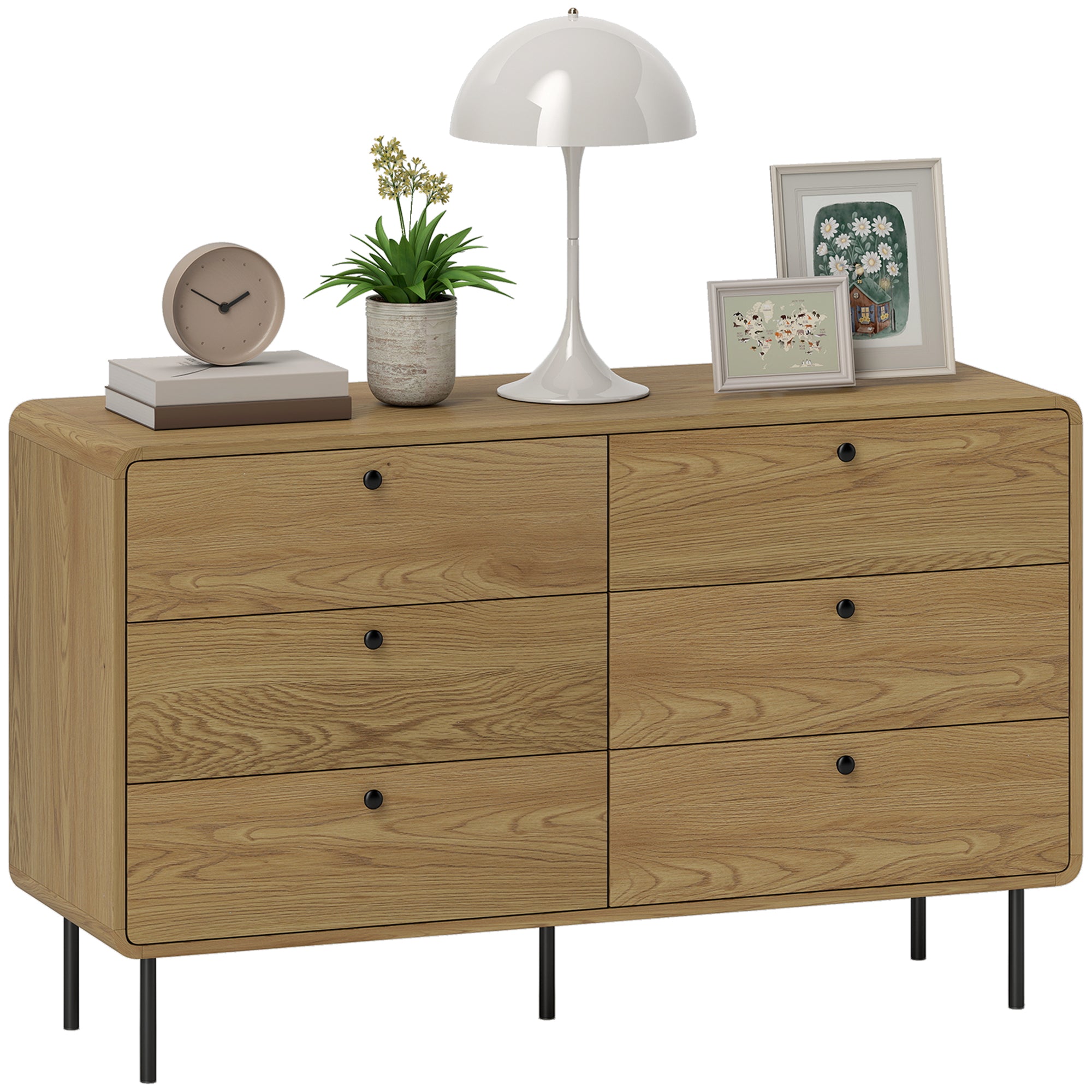 HOMCOM Chest of Drawers for Bedroom, Modern 6 Drawer Dresser, Oak