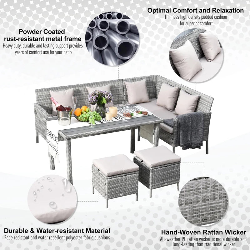Outsunny Rattan Sofa Set with Coffee Table & Footstools - Grey