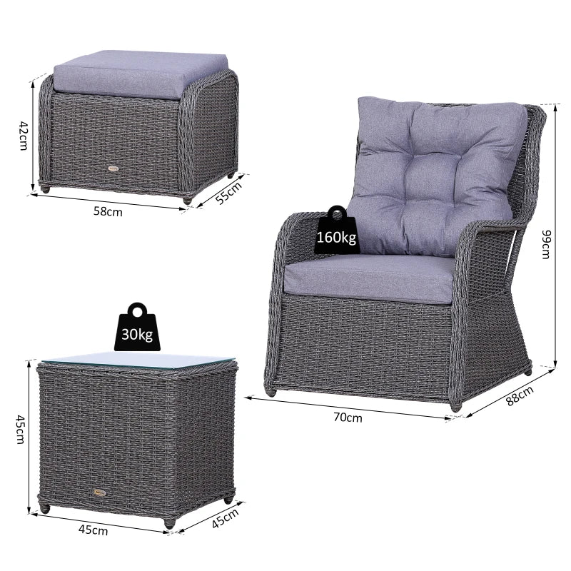 Outsunny Garden Sofa Chair & Stool with Table Set - Grey