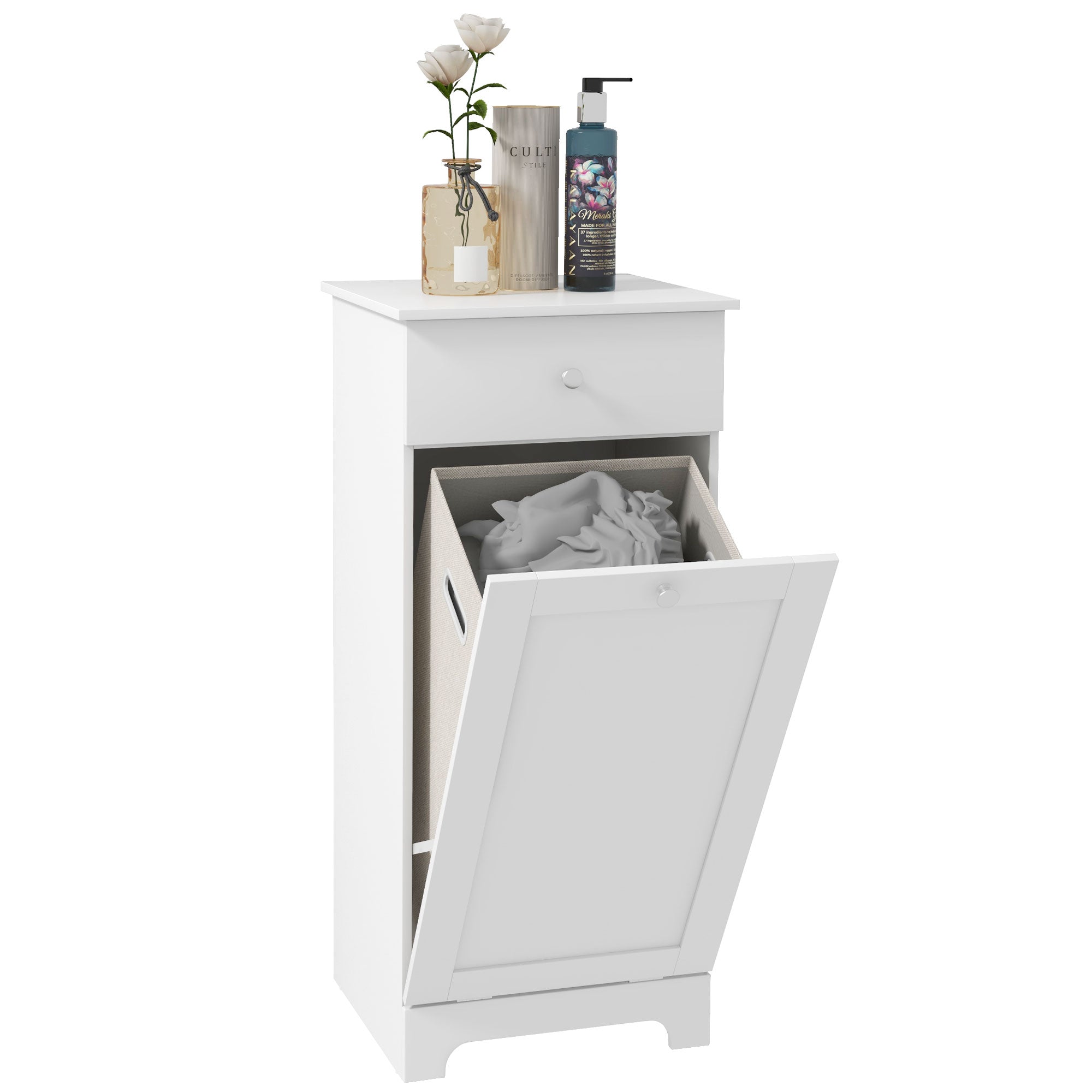 HOMCOM Bathroom Cabinet with Folding Laundry Hamper and Drawer White