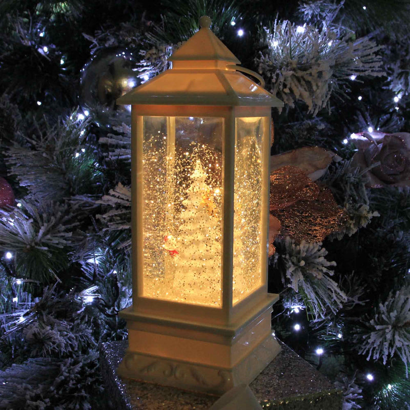 Christmas Sparkle Water Snowstorm Lantern with Christmas Tree and Santas Sleigh 28.5cm in White