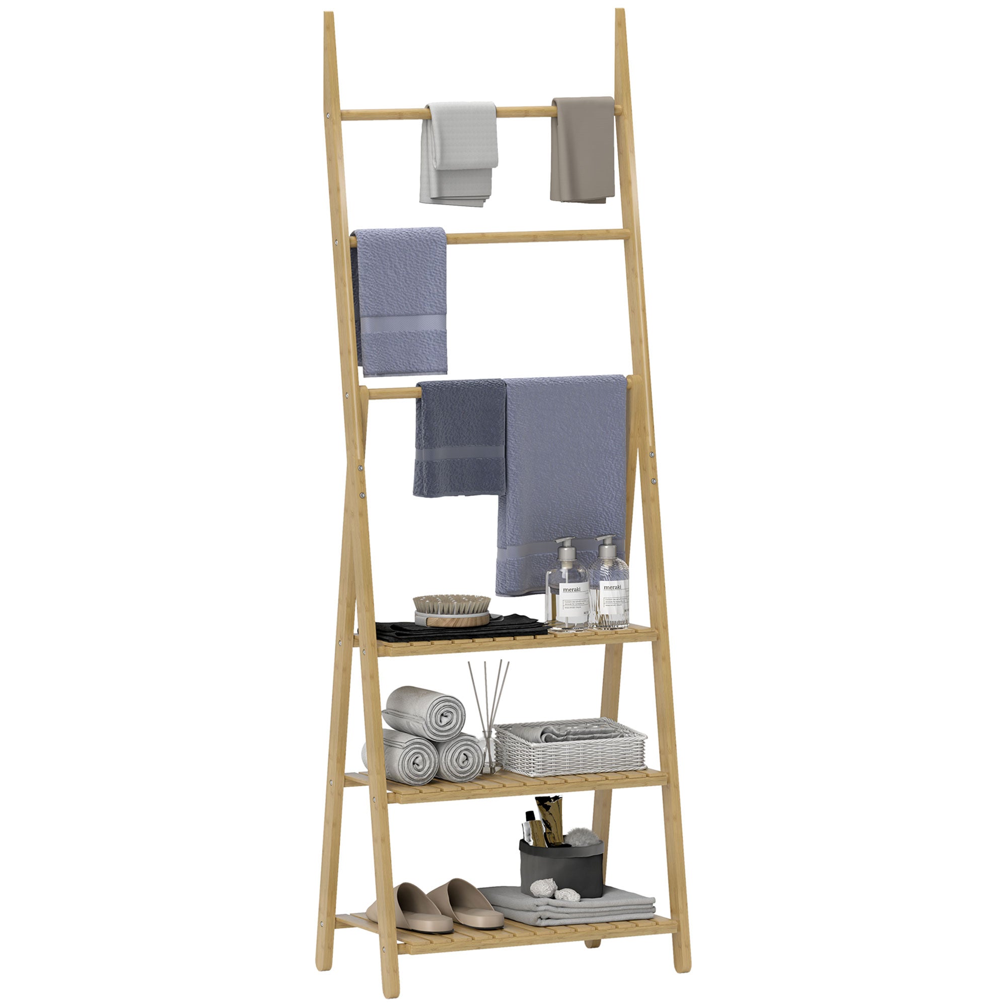 HOMCOM 3-Tier Folding Bamboo Bathroom Storage Shelving Unit With Towel