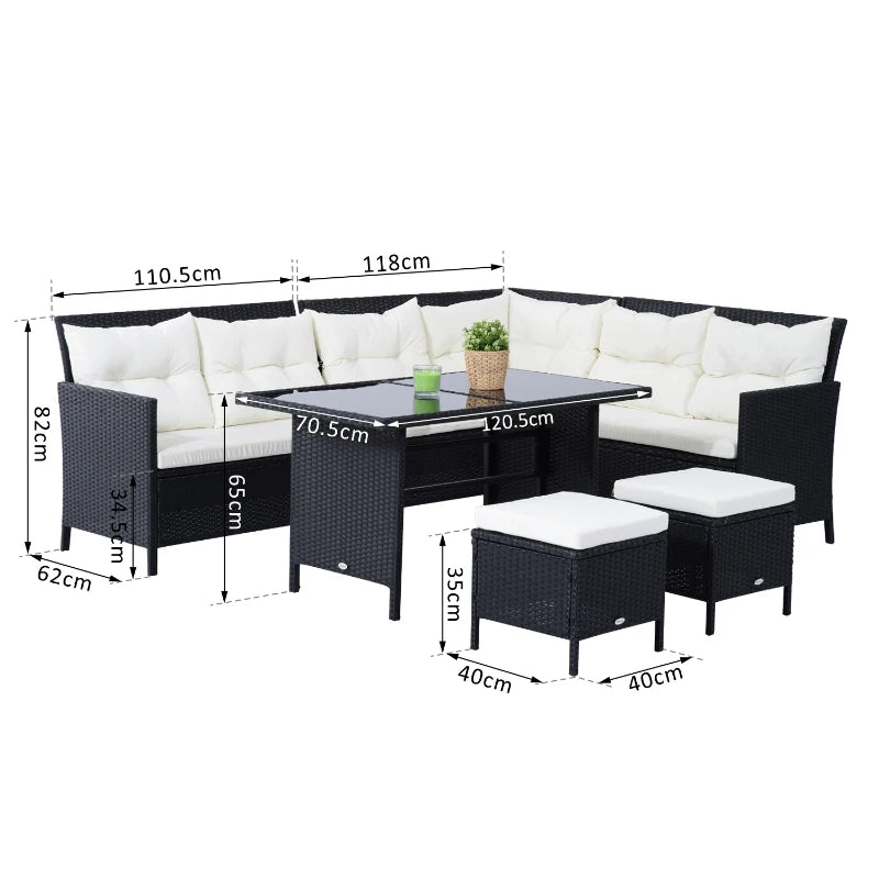 Outsunny Rattan Corner Sofa Set with Table and Footstools - Black