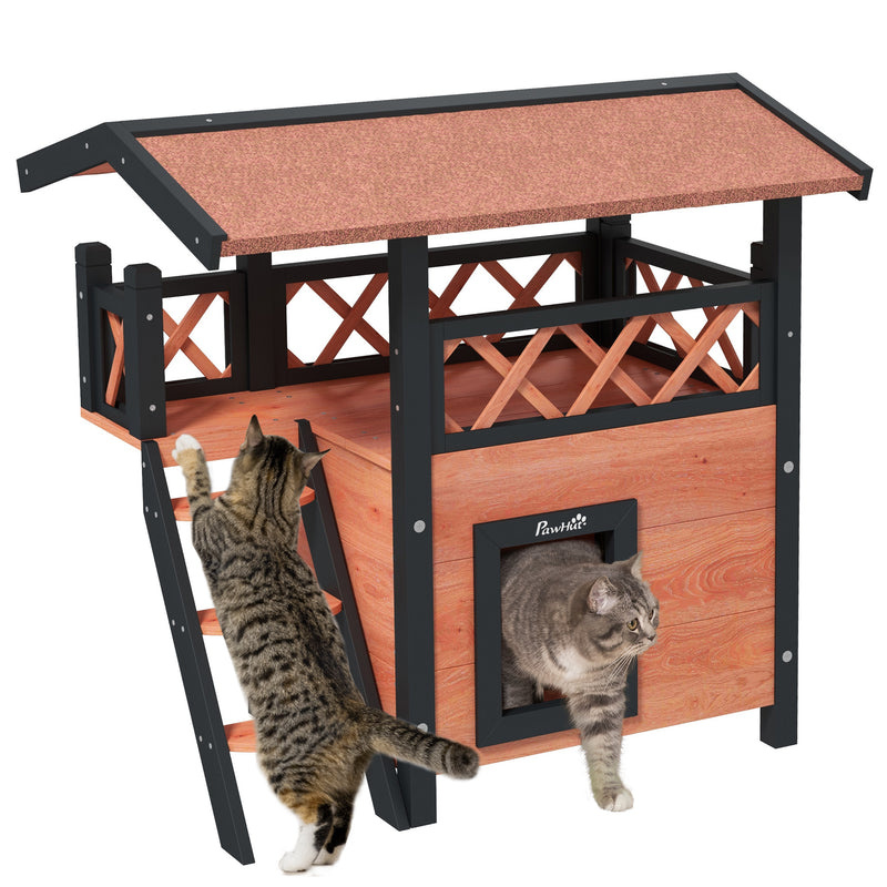 PawHut Outdoor Cat House w/ Balcony Stairs Roof, Brown