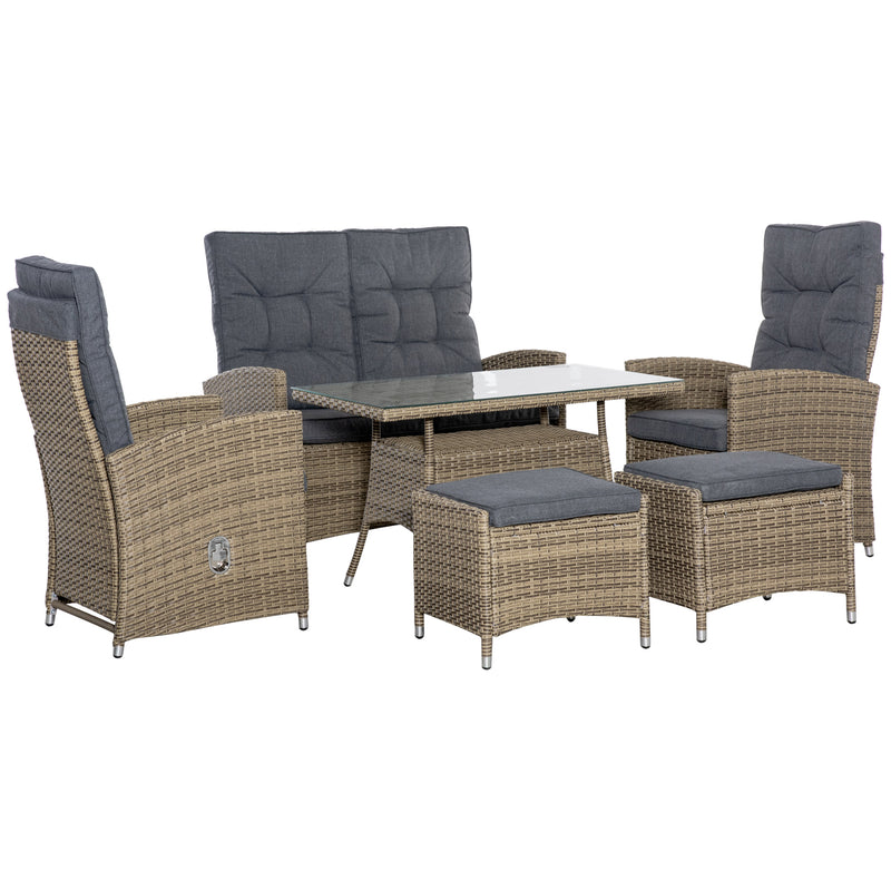 Outsunny Patio Furniture Dining Set with Recliner Armchairs 6 Piece - Brown