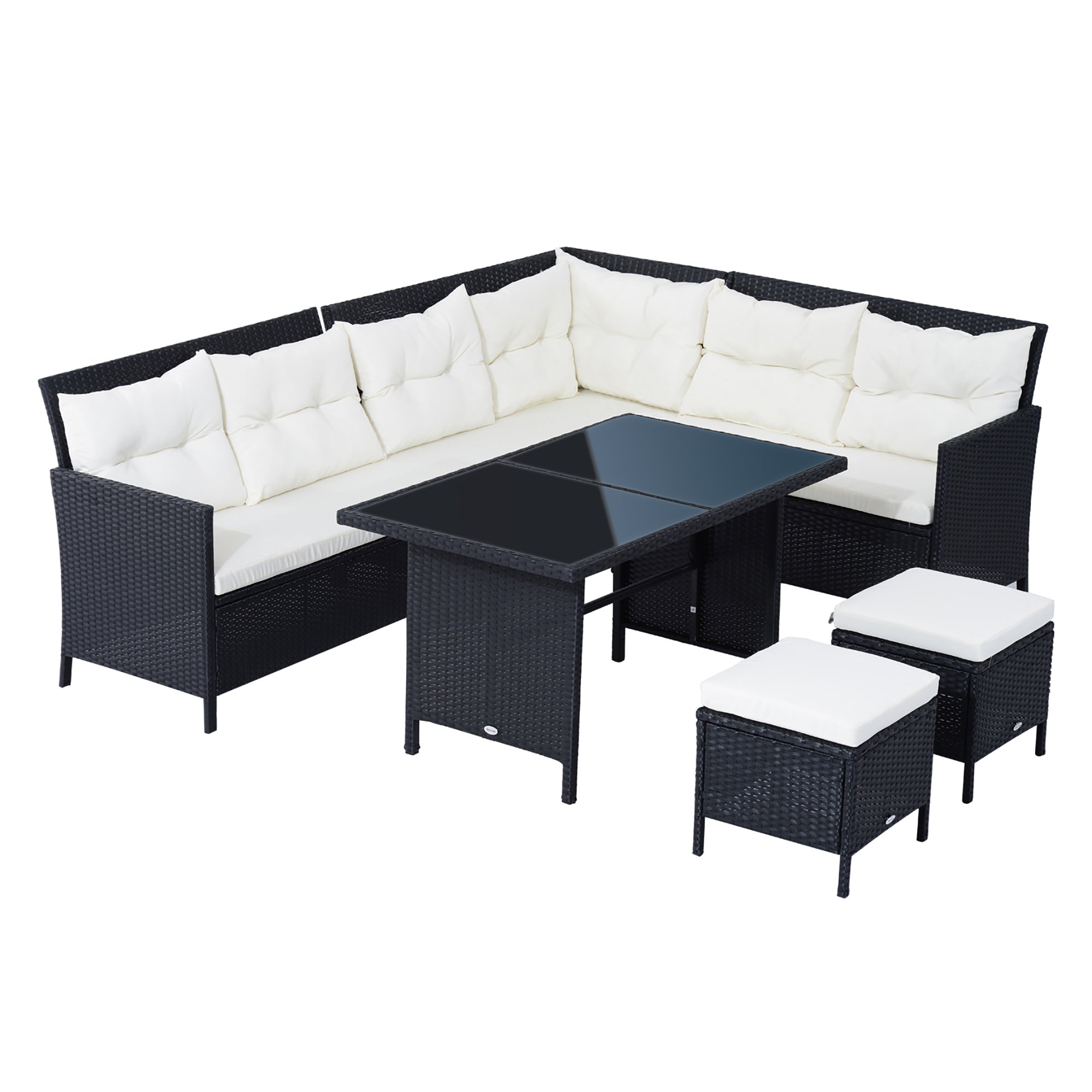 Outsunny Rattan Corner Sofa Set with Table and Footstools Black