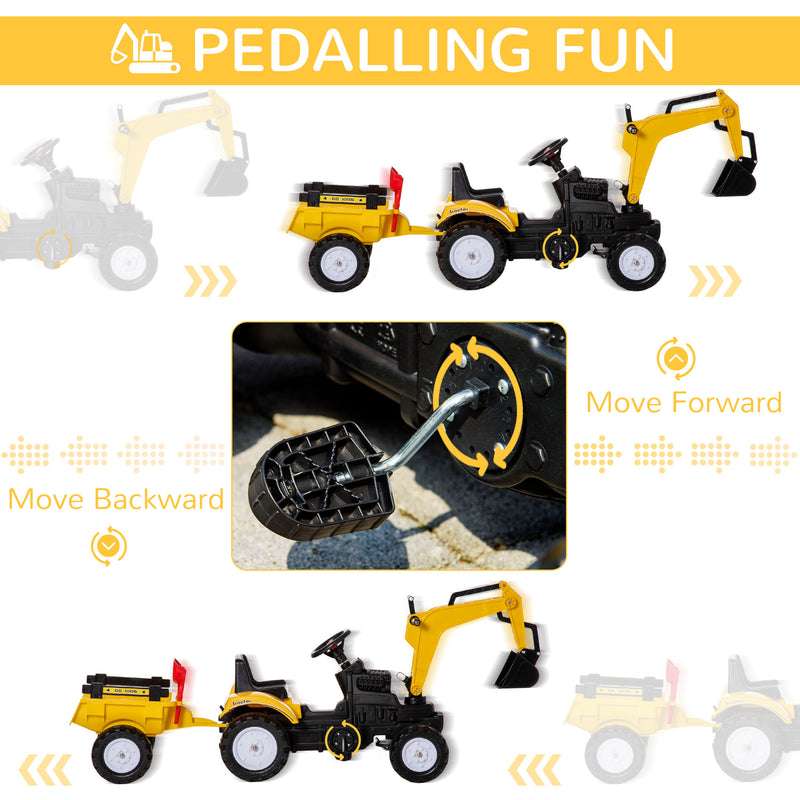 HOMCOM Kids Ride On Pedal Digger Construction Car - Yellow