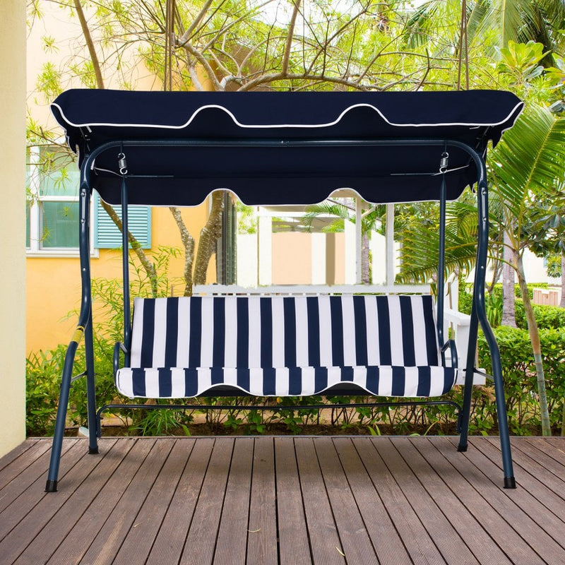 Outsunny 3 Seater Canopy Swing Chair Outdoor Garden Bench with Adjustable Canopy and Metal Frame - Blue Stripes