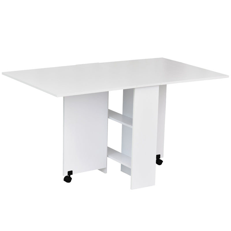 Kitchen Folding Desk Mobile Drop Leaf Dining Table With Wheels & Storage Shelves - White Wood Grain