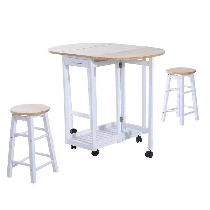 2 Chair Dining Set White 3PC Wooden Kitchen Cart Mobile Rolling Trolley Folding Bar Table Two Stools Chair Storage Shelf With 2 Drawers & 6 Wheels