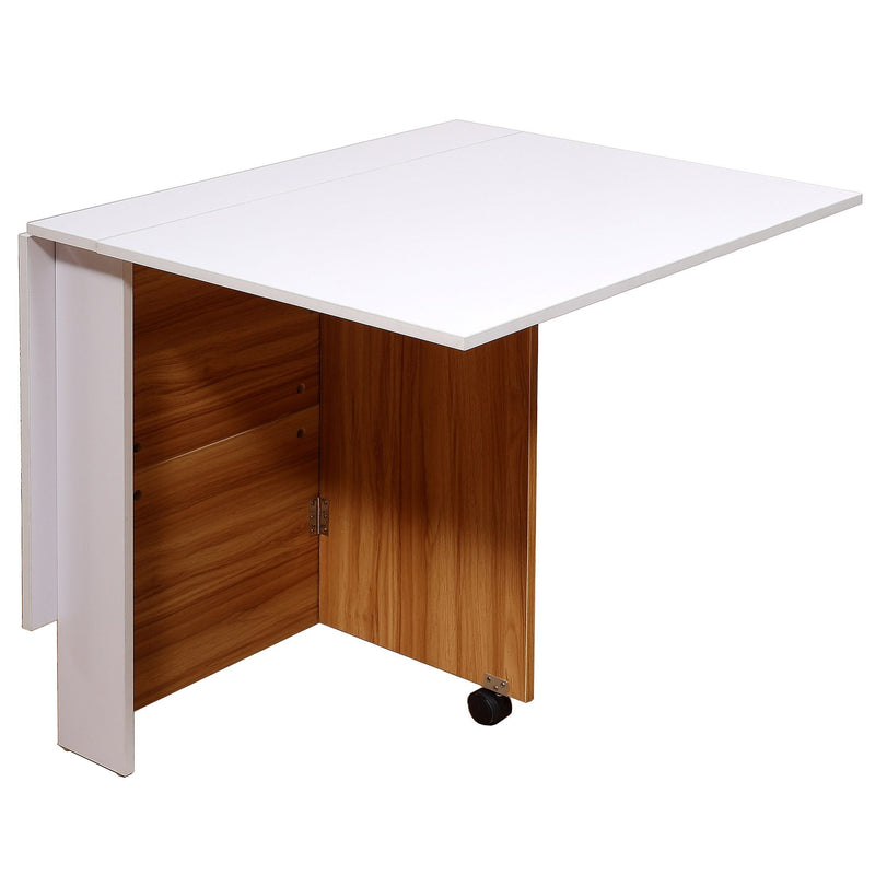 Folding Drop Leaf Table Dining Mobile Writing Desk W/ Casters-Teak/White Colour