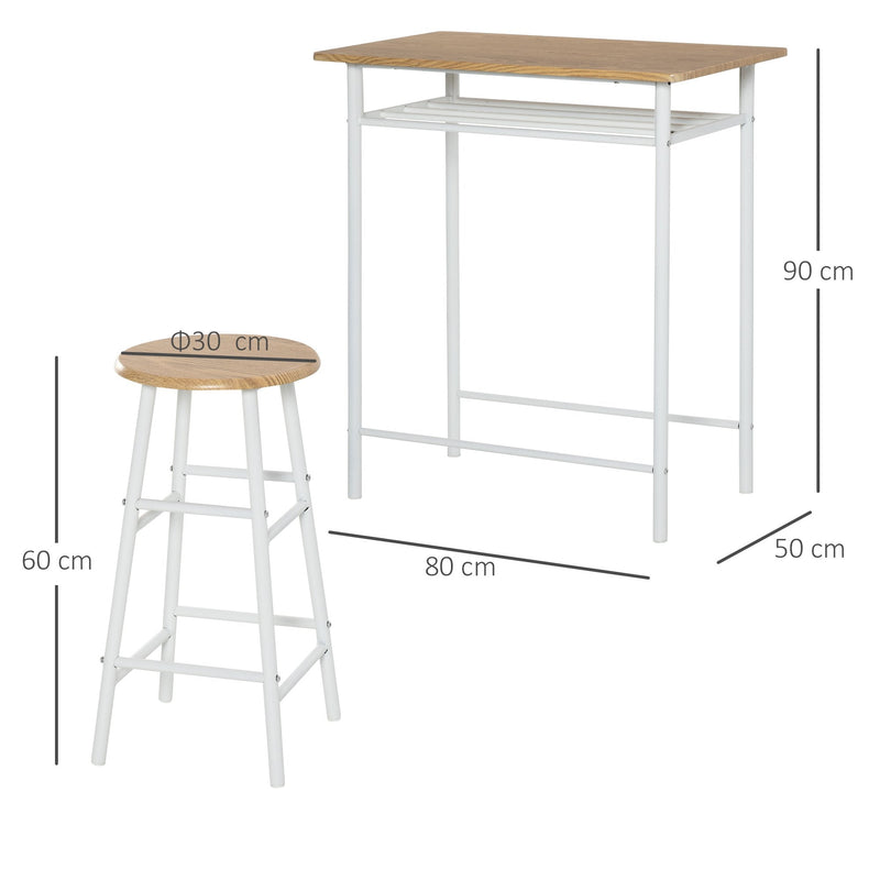 HOMCOM 3 Piece Bar Height Dining Furniture Set with 1 Table and 2 Matching Chairs with Metal Frame Footrest and Storage Shelf, for Kitchen, Dining Room, Pub, Cafe