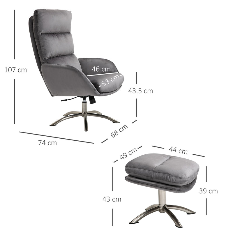2 Pieces Modern Stylish Ergonomic Tilt Leisure Armchair and Ottoman with Thick Sponge Padding, Metal Base, for Living Room, Bedroom, Study, Office, Dorm, Grey and Silver Foam Padded