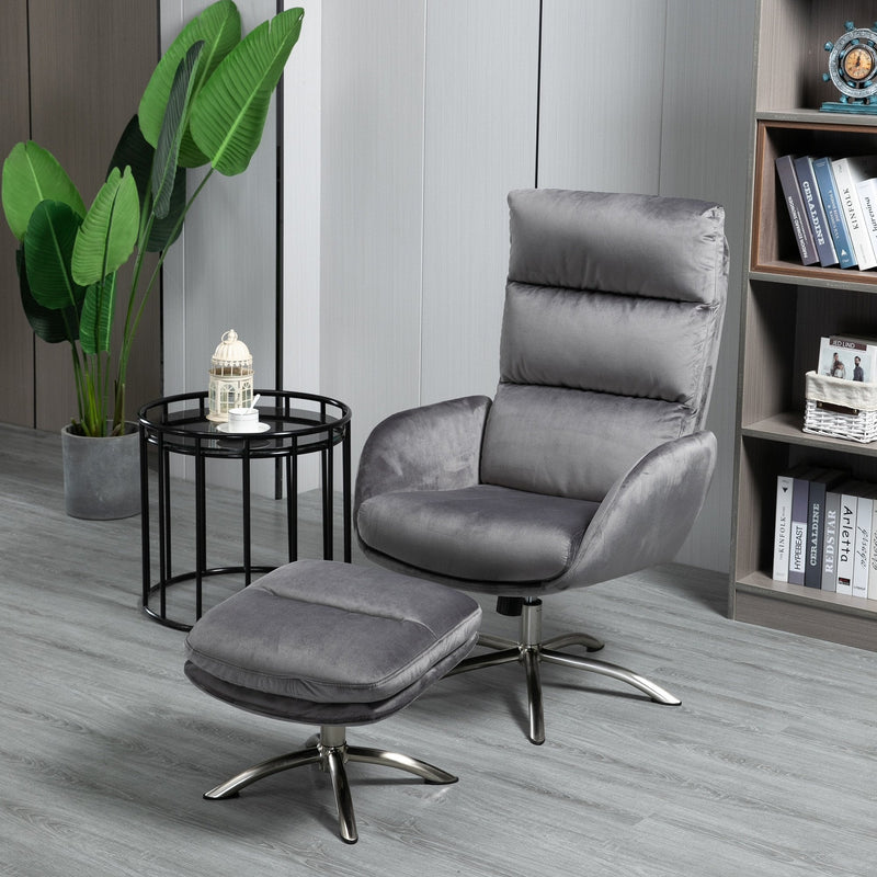 2 Pieces Modern Stylish Ergonomic Tilt Leisure Armchair and Ottoman with Thick Sponge Padding, Metal Base, for Living Room, Bedroom, Study, Office, Dorm, Grey and Silver Foam Padded