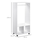 Open Wardrobe with Hanging Rod and Storage Shelves Mobile Garment Rack on Wheels Bedroom, Cloakroom, White Clothing Organizer