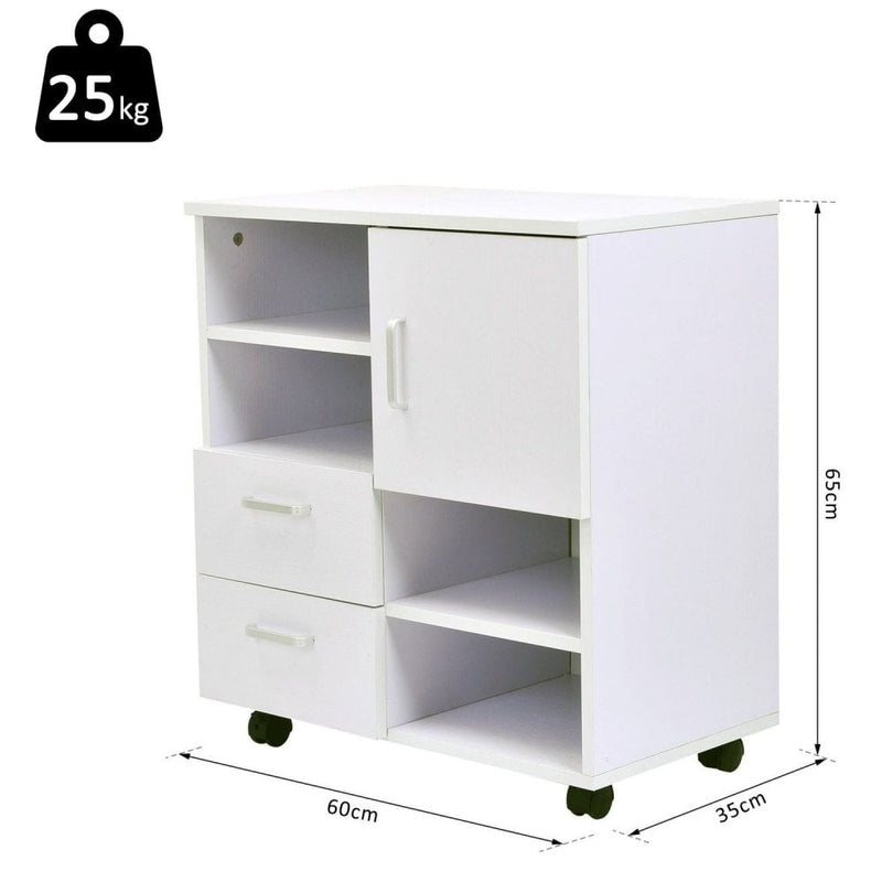 Mobile Storage Cabinet Sideboard Cupboard with Drawers 4 Shelves Lockable Wheels White