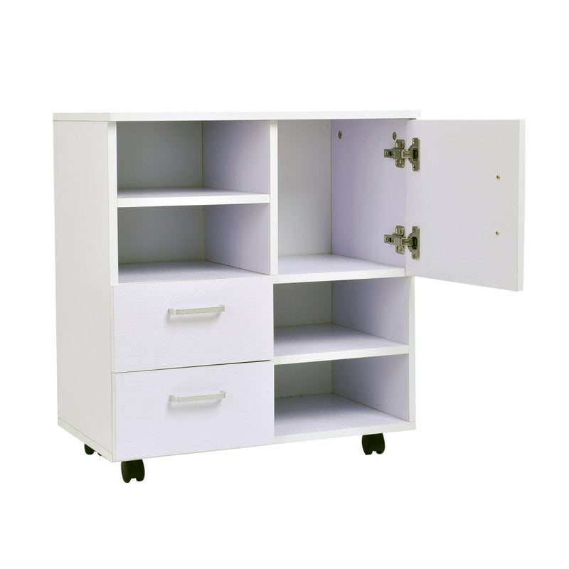 Mobile Storage Cabinet Sideboard Cupboard with Drawers 4 Shelves Lockable Wheels White