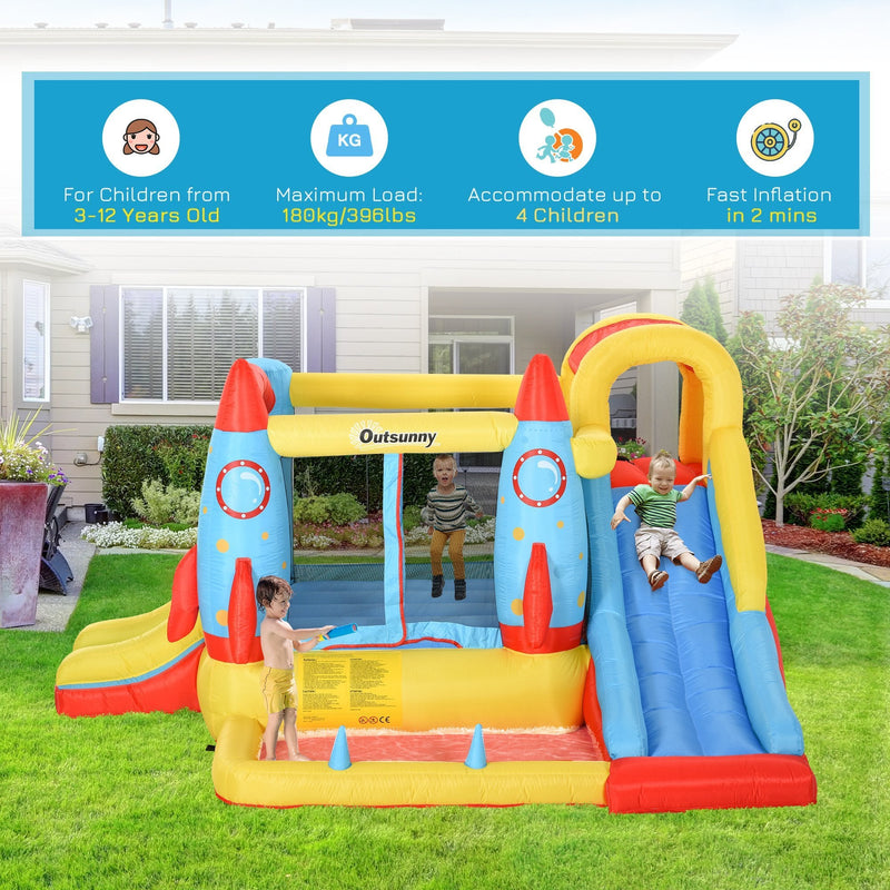 Outsunny Kids Bounce Castle House, 3 in 1 Water Slide and Pool with Inflator, Rocket Design with Carrybag