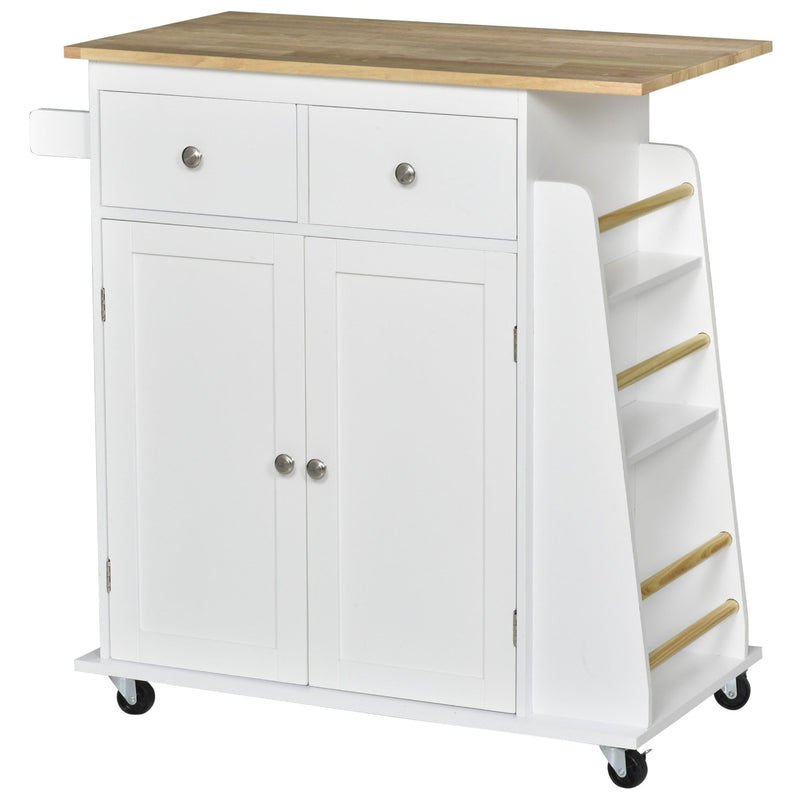 HOMCOM Kitchen Island Storage Cabinet Rolling Trolley with Rubber Wood Top, 3-Tier Spice Rack, Large Cabinet & Drawers Rack