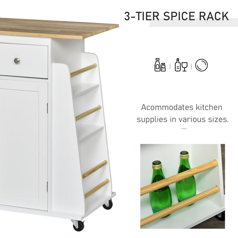 HOMCOM Kitchen Island Storage Cabinet Rolling Trolley with Rubber Wood Top, 3-Tier Spice Rack, Large Cabinet & Drawers Rack
