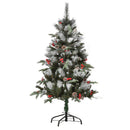 Green 4FT Artificial Snow Dipped Christmas Tree Xmas Pencil Tree Holiday Home Party Decoration With Foldable Feet Red Berries White Pinecones