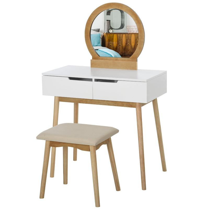 2 Piece Modern Vanity Table Set, Makeup Table with Padded Stool, 2 Large Drawers, Round Mirror, Natural Make Up Mirror &
