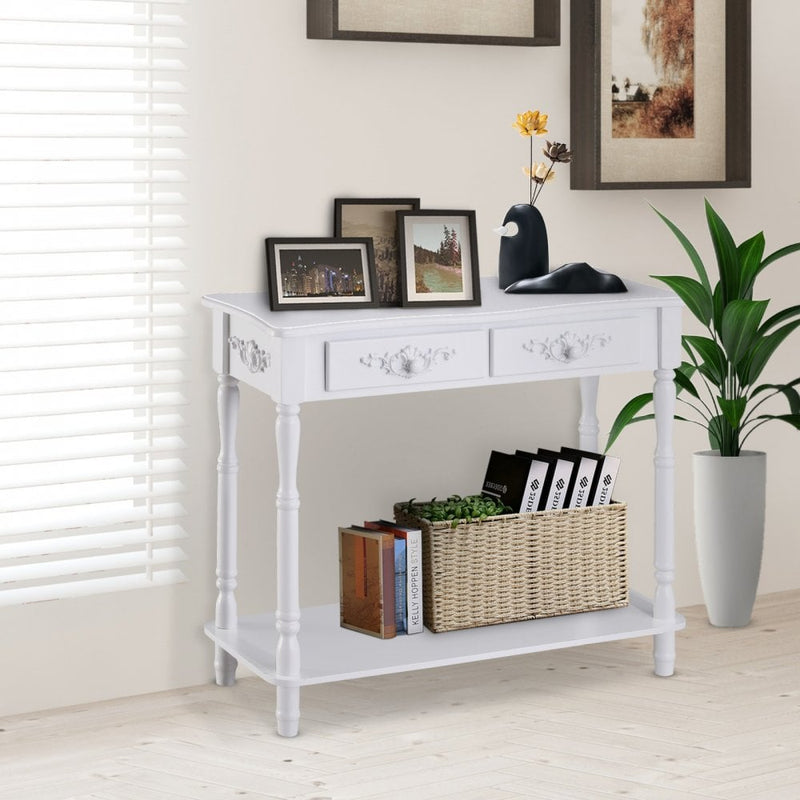 2 Drawers Console Table Hallway Desk Wooden Storage Shelf Organizer Shoe Wardrobe Mirror Chest-White