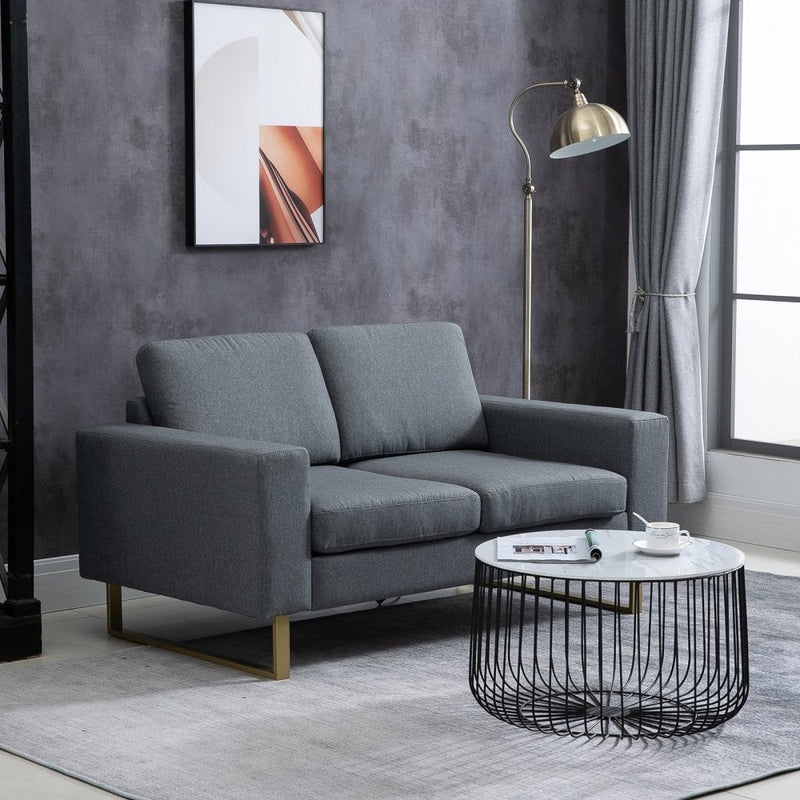 2 Seater Sofa Modern Double Seat Compact Loveseat Padded Linen Upholstery Steel Legs - Grey