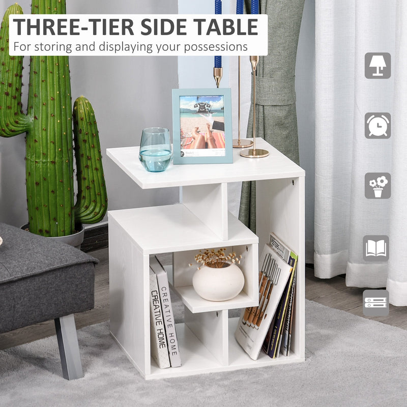 Wooden Side Table, 3 Tier End Table with Open Storage Shelves, Living Room Coffee Table Organiser Unit, White 3-Tier Shelves Book Magazine Desk Shelving
