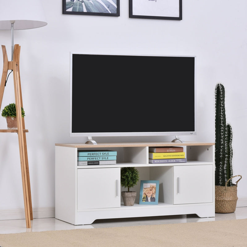 TV Stand for TVs up to 42 Inches with Cabinets, Shelves and Wide Tabletop for Living Room, Bedroom, Dining Room, White and Wood Color Door Cabinet Open Shelf 42'' Home Office