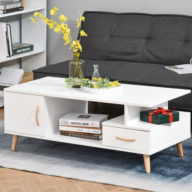 Modern Minimalism Coffee Table with Storage, Sofa Side Table with Shelf & Drawer for Living Room Reception Room, White Storage Wooden w/