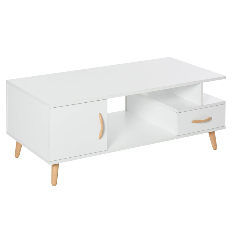 Modern Minimalism Coffee Table with Storage, Sofa Side Table with Shelf & Drawer for Living Room Reception Room, White Storage Wooden w/